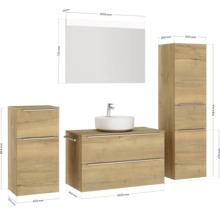 Badmöbel-Set NOBILIA Programm 3 BxHxT 210 x 169,1 x 48,7 cm Frontfarbe eiche natur mit Aufsatz-Waschtisch weiß und Spiegel mit LED-Beleuchtung Midischrank Unterschrank Griffleiste chrom matt 470