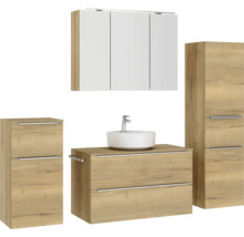 Badmöbel-Set NOBILIA Programm 3 BxHxT 210 x 169,1 x 48,7 cm Frontfarbe eiche natur mit Aufsatz-Waschtisch und Spiegelschrank 3-türig mit LED-Beleuchtung Unterschrank Midischrank Griffleiste chrom matt 478