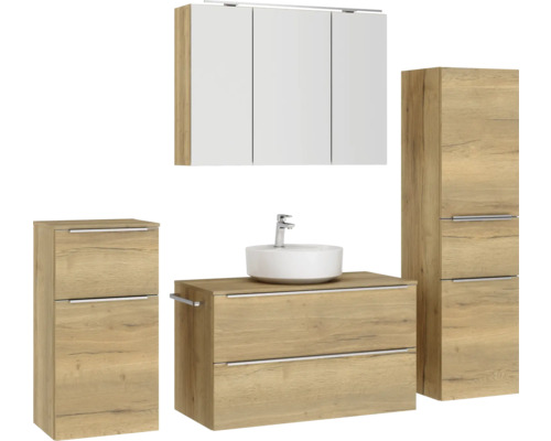 Badezimmer Set mit Waschtisch, Waschbecken, Spiegelschrank und Hochschrank im Holzdesign