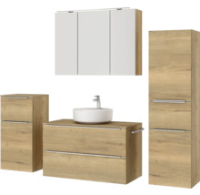 Badmöbel-Set NOBILIA Programm 3 BxHxT 210 x 169,1 x 48,7 cm Frontfarbe eiche natur mit Aufsatz-Waschtisch und Spiegelschrank 3-türig mit LED-Beleuchtung Unterschrank Midischrank Griffleiste chrom matt 478