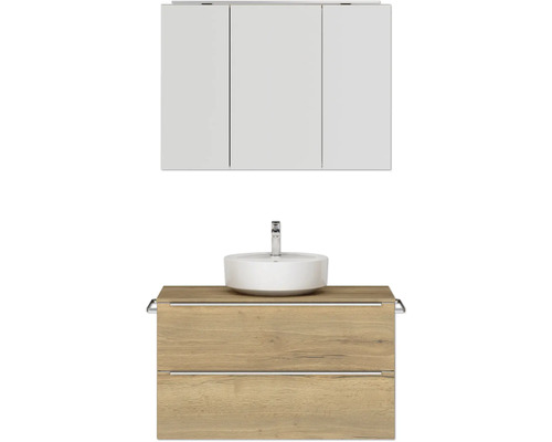 Set de meubles de salle de bains NOBILIA Programm 3 lxhxp 101 x 169,1 x 48,7 cm couleur de façade chêne naturel avec vasque à poser et armoire de toilette à 3 portes avec éclairage LED barre de prise chrome mat 454