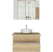Badmöbel-Set NOBILIA Programm 3 BxHxT 101 x 169,1 x 48,7 cm Frontfarbe eiche natur mit Aufsatz-Waschtisch und Spiegelschrank 3-türig mit LED-Beleuchtung Griffleiste chrom matt 454
