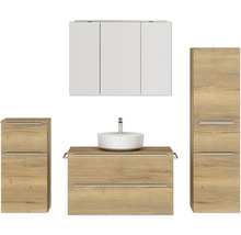 Badmöbel-Set NOBILIA Programm 3 BxHxT 210 x 169,1 x 48,7 cm Frontfarbe eiche natur mit Aufsatz-Waschtisch und Spiegelschrank 3-türig mit LED-Beleuchtung Unterschrank Midischrank Griffleiste chrom matt 478
