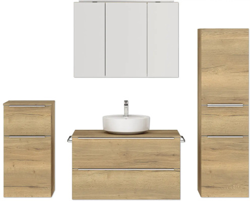 Set de meubles de salle de bains NOBILIA Programm 3 lxhxp 210 x 169,1 x 48,7 cm couleur de façade chêne naturel avec vasque à poser et armoire de toilette à 3 portes avec éclairage LED meuble bas armoire midi poignée barre chrome mat 478