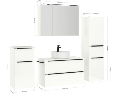 Badezimmer-Set mit Waschbecken, Unterschrank, Spiegelschrank und Hochschrank mit Maßangaben
