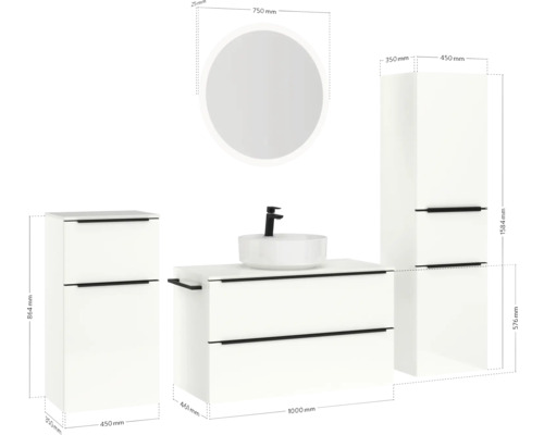Badezimmer-Set mit Waschtisch, Waschtischunterschrank, Spiegelschrank und Spiegel