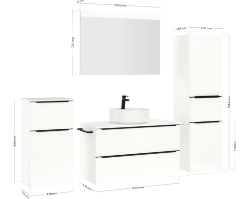 Ensemble de meubles de salle de bains avec meuble-lavabo, lavabo, armoire de toilette et armoire haute