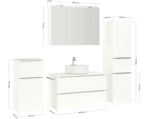Ensemble de salle de bains avec meuble-lavabo, lavabo, armoire de toilette et armoires hautes avec dimensions