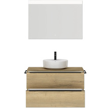 Badmöbel-Set NOBILIA Programm 3 BxHxT 101 x 169,1 x 48,7 cm Frontfarbe eiche natur mit Aufsatz-Waschtisch weiß und Spiegel mit LED-Beleuchtung Griffleiste schwarz 447