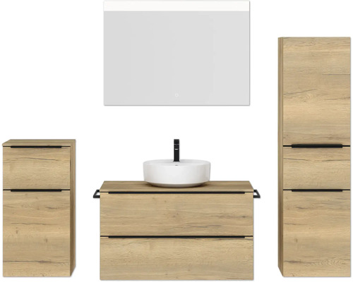 Set de meubles de salle de bains NOBILIA Programm 3 lxhxp 210 x 169,1 x 48,7 cm couleur de façade chêne naturel avec vasque à poser blanc et miroir avec éclairage LED armoire midi meuble bas barre de prise noire 471