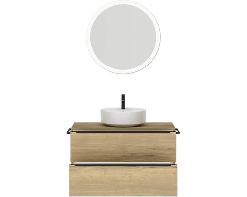 Badezimmer-Ensemble mit Spiegel, Aufsatzwaschbecken und Waschtischunterschrank