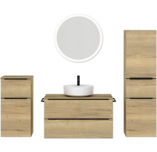 Badmöbel-Set NOBILIA Programm 3 BxHxT 210 x 169,1 x 48,7 cm Frontfarbe eiche natur mit Aufsatz-Waschtisch weiß und Spiegel rund mit LED-Beleuchtung Midischrank Unterschrank Griffleiste schwarz 487