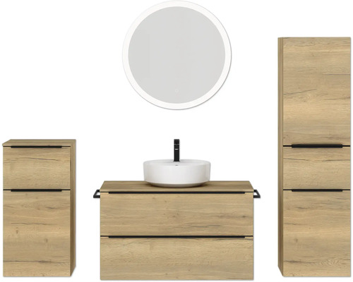 Set de meubles de salle de bains NOBILIA Programm 3 lxhxp 210 x 169,1 x 48,7 cm couleur de façade chêne naturel avec vasque à poser blanc et miroir rond avec éclairage LED armoire midi meuble bas barre de prise noire 487