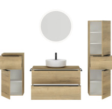 Badmöbel-Set NOBILIA Programm 3 BxHxT 210 x 169,1 x 48,7 cm Frontfarbe eiche natur mit Aufsatz-Waschtisch weiß und Spiegel rund mit LED-Beleuchtung Midischrank Unterschrank Griffleiste schwarz 487