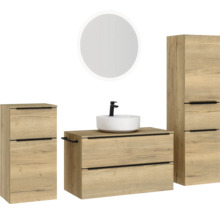 Badmöbel-Set NOBILIA Programm 3 BxHxT 210 x 169,1 x 48,7 cm Frontfarbe eiche natur mit Aufsatz-Waschtisch weiß und Spiegel rund mit LED-Beleuchtung Midischrank Unterschrank Griffleiste schwarz 487