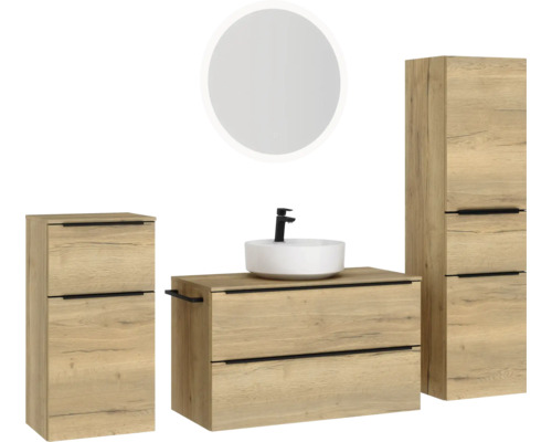 Badezimmerset mit Waschtisch, Waschbecken, Spiegelschrank und Hochschrank