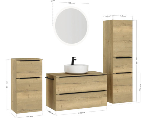 Badezimmer Set mit Waschtischunterschrank, Waschbecken, Spiegelschrank und Hochschrank