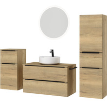 Badmöbel-Set NOBILIA Programm 3 BxHxT 210 x 169,1 x 48,7 cm Frontfarbe eiche natur mit Aufsatz-Waschtisch weiß und Spiegel rund mit LED-Beleuchtung Midischrank Unterschrank Griffleiste schwarz 487