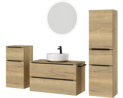 Badezimmer-Set mit Waschtischunterschrank, Waschtisch, Spiegelschrank und Hochschrank
