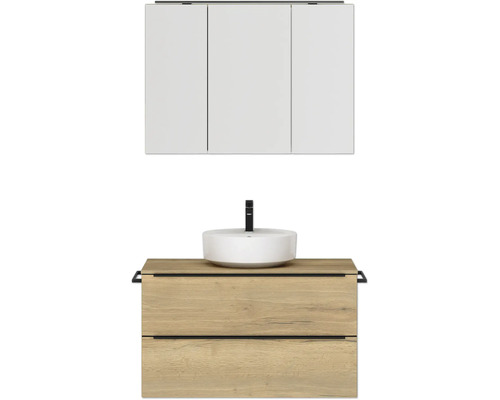 Set de meubles de salle de bains NOBILIA Programm 3 lxhxp 101 x 169,1 x 48,7 cm couleur de façade chêne naturel avec vasque à poser et armoire de toilette à 3 portes avec éclairage LED barre de prise noire 455