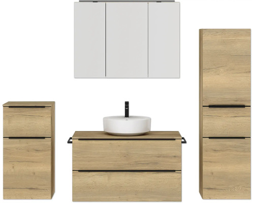 Set de meubles de salle de bains NOBILIA Programm 3 lxhxp 210 x 169,1 x 48,7 cm couleur de façade chêne naturel avec vasque à poser et armoire de toilette à 3 porte avec éclairage LED meuble bas armoire midi barre de prise noire 479