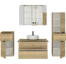 Badmöbel-Set NOBILIA Programm 3 BxHxT 210 x 169,1 x 48,7 cm Frontfarbe eiche natur mit Aufsatz-Waschtisch und Spiegelschrank 3-türig mit LED-Beleuchtung Unterschrank Midischrank Griffleiste schwarz 479