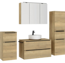 Badmöbel-Set NOBILIA Programm 3 BxHxT 210 x 169,1 x 48,7 cm Frontfarbe eiche natur mit Aufsatz-Waschtisch und Spiegelschrank 3-türig mit LED-Beleuchtung Unterschrank Midischrank Griffleiste schwarz 479