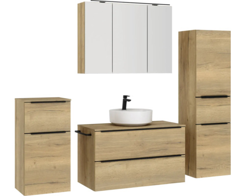 Badezimmermöbelset mit Waschtisch, Waschbecken, Spiegelschrank und Hochschrank