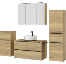 Badmöbel-Set NOBILIA Programm 3 BxHxT 210 x 169,1 x 48,7 cm Frontfarbe eiche natur mit Aufsatz-Waschtisch und Spiegelschrank 3-türig mit LED-Beleuchtung Unterschrank Midischrank Griffleiste schwarz 479