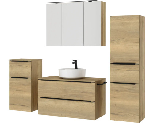 Badezimmermöbel-Set mit Waschtisch, Waschbecken, Spiegelschrank und Hochschrank im Holzdesign