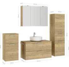 Badmöbel-Set NOBILIA Programm 3 BxHxT 210 x 169,1 x 48,7 cm Frontfarbe eiche natur mit Aufsatz-Waschtisch und Spiegelschrank 3-türig mit LED-Beleuchtung Unterschrank Midischrank Griffleiste chrom matt 478