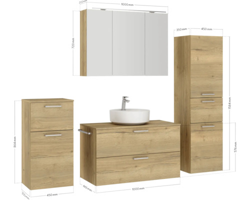 Badezimmer Set mit Waschtisch, Waschbecken, Spiegelschrank und Hochschrank