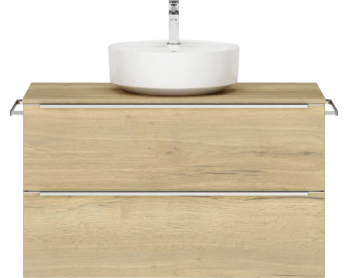 Set de meubles de salle de bains NOBILIA Programm 3 lxhxp 101 x 59,1 x 48,7 cm couleur de façade chêne naturel avec vasque à poser blanc barre de prise chrome mat 438