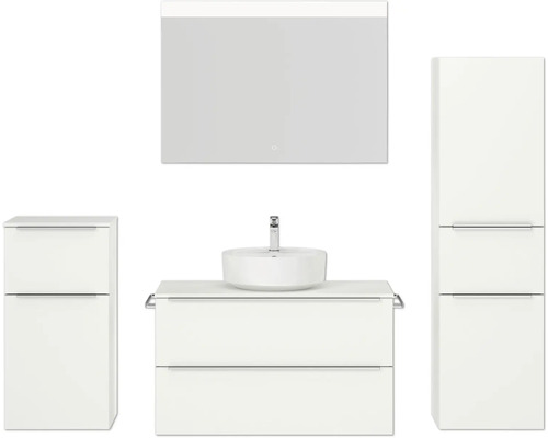 Set de meubles de salle de bains NOBILIA Programm 3 lxhxp 210 x 169,1 x 48,7 cm couleur de façade blanc mat avec vasque à poser blanc et miroir avec éclairage LED armoire midi meuble bas barre de prise chrome mat 464