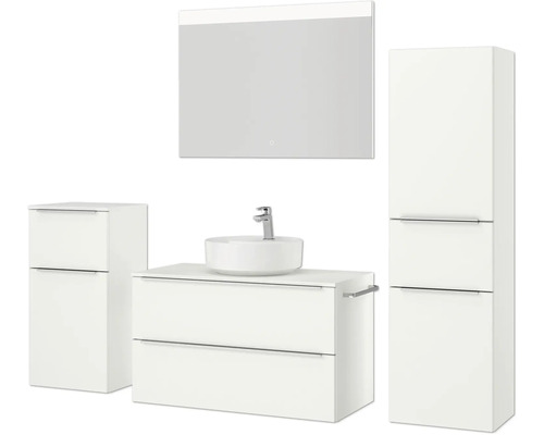 Badezimmerset mit Waschtisch, Aufsatzwaschbecken, Spiegelschrank und Hochschrank