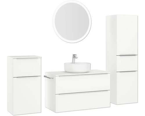 Ensemble de salle de bains avec meuble-lavabo, vasque à poser, armoire de toilette et armoire haute pour une ambiance claire et moderne.