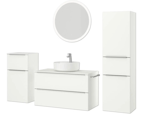 Ensemble de salle de bains avec meuble-lavabo, vasque, armoire de toilette et armoire haute