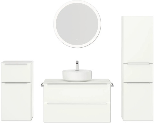 Set de meubles de salle de bains NOBILIA Programm 3 lxhxp 210 x 169,1 x 48,7 cm couleur de façade blanc mat avec vasque à poser blanc et miroir rond avec éclairage LED armoire midi meuble bas barre de prise chrome mat 480