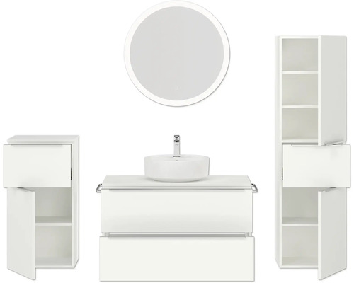 Ensemble de salle de bains avec meuble-lavabo, vasque, armoire de toilette et armoire haute