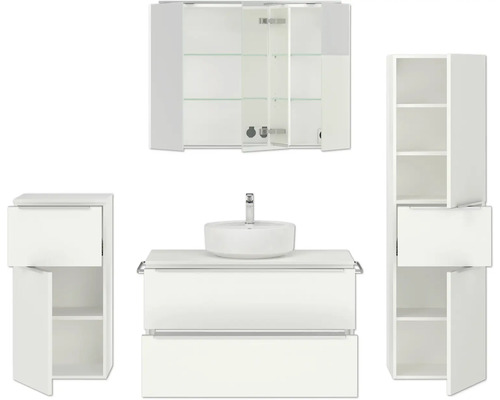 Komplette Badezimmereinrichtung mit Waschbecken, Unterschrank, Spiegelschrank und Hochschrank