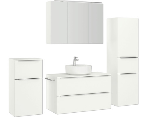 Badezimmer-Set mit Waschtisch, Aufsatzwaschbecken, Spiegelschrank und Hochschrank für eine helle und freundliche Atmosphäre