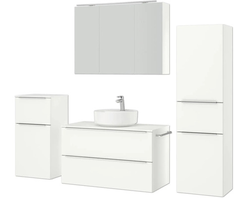 Badmöbelset mit Waschbecken, Unterschrank, Spiegelschrank und Hochschrank