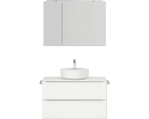 Set de meubles de salle de bains NOBILIA Programm 3 lxhxp 101 x 169,1 x 48,7 cm couleur de façade blanc mat avec vasque à poser et armoire de toilette à 3 portes avec éclairage LED barre de prise chrome mat 448