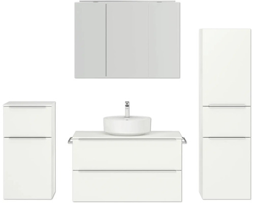 Set de meubles de salle de bains NOBILIA Programm 3 lxhxp 210 x 169,1 x 48,7 cm couleur de façade blanc mat avec vasque à poser et armoire de toilette à 3 portes avec éclairage LED meuble bas armoire midi barre de prise chrome mat 472