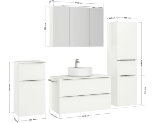 Badmöbelset mit Waschtisch, Spiegelschrank und Hochschränken mit Maßangaben