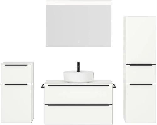 Set de meubles de salle de bains NOBILIA Programm 3 lxhxp 210 x 169,1 x 48,7 cm couleur de façade blanc mat avec vasque à poser blanc et miroir avec éclairage LED armoire midi meuble bas barre de prise noire 465