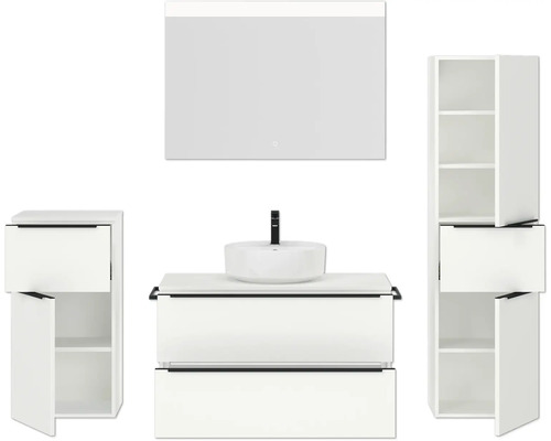 Badezimmerset mit Waschtisch, Waschbecken, Spiegelschrank und Hochschränken