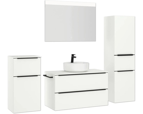 Badezimmerensemble mit Waschtisch, Aufsatzwaschbecken, Spiegel und Hochschrank für eine moderne Badgestaltung