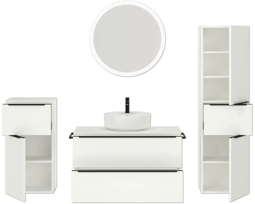 Badezimmerensemble mit Waschtisch, Aufsatzwaschbecken, Spiegelschrank und Hochschränken