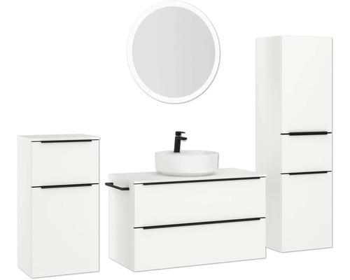 Badezimmer-Set mit Waschtischunterschrank, Aufsatzwaschbecken, Spiegelschrank und Hochschrank